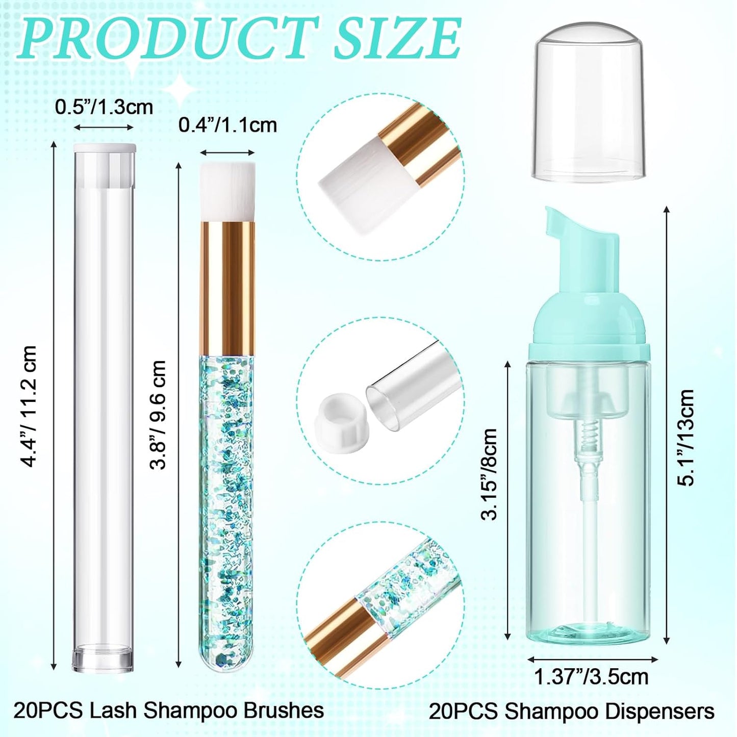 Zhehao 80 Pcs Lash Shampoo Bottle Brushes Kit 20 Foam Pump Dispensers 20 Lash Shampoo Brushes 20 Eyelash Aftercare Bag 20 Cleaning Pipes, Eyelash Extension Supplies(Green, Blue)-GlimoraGlow