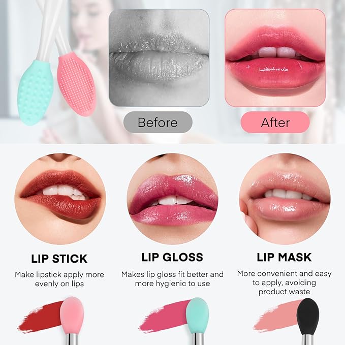 Unaone Lip Scrub Brush - 3 PCS Dual-ended Lip Scrubber Exfoliator and Silicone Lip Brush, 2-in-1 Silicone Lip Scrub Tool Lip Mask Applicator, Gentle Exfoliator & Applicator for Soft-GlimoraGlow
