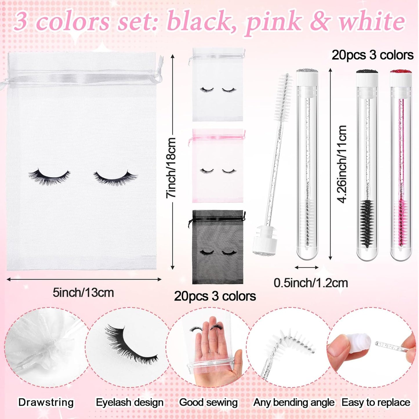 Zhehao 80 Pcs Lash Shampoo Bottle Brushes Kit 20 Foam Pump Dispensers 20 Lash Shampoo Brushes 20 Eyelash Aftercare Bag 20 Cleaning Pipes, Eyelash Extension Supplies(Colorful)-GlimoraGlow