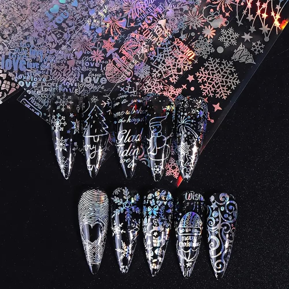 1Box 10 Rolls Laser Silvery Snowflake Nail Art Transfer Stickers 3D Christmas Tree Snowman ELK Starry Sky Paper Decals Rose Letter Gift Manicure Supplies Christmas Nail Foil Transfer Stickers Decals-GlimoraGlow