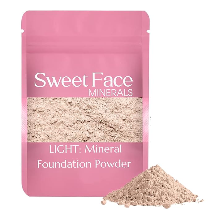 (12 Grams) (Light) Foundation Powder Refill By Sweet Face Minerals, Lightweight Mineral Loose Makeup Powder with SPF 20, Full Coverage Flawless Finish, Talc-free, Cruelty-Free, Refillable Pouch-GlimoraGlow