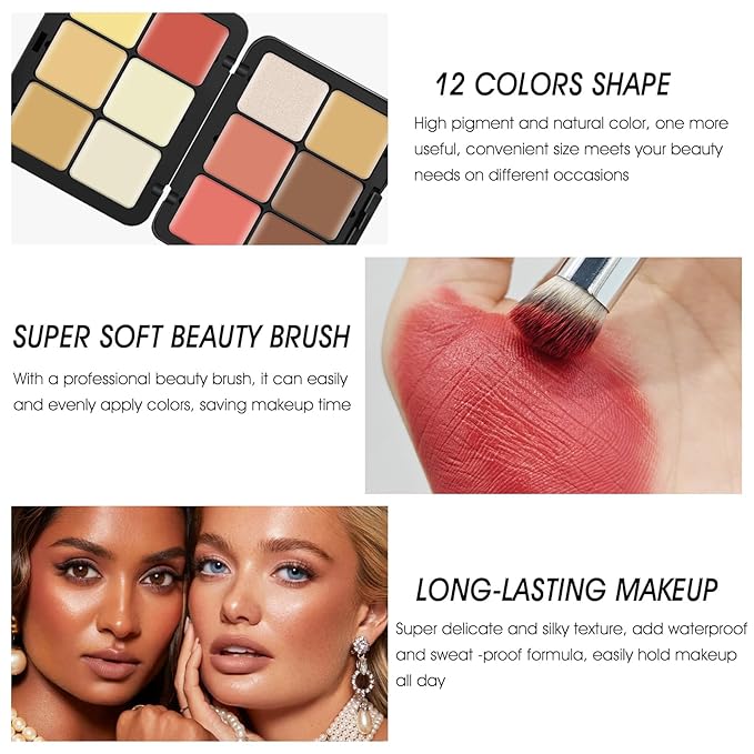 12 Colors Cream [Blush+Contour+Concealer+Highlighter] Makeup Palette for Cheeks - Multi-functional Makeup Palette with Brush, Natural Matte Long Wearing, Waterproof Face Makeup Palette (#05)-GlimoraGlow