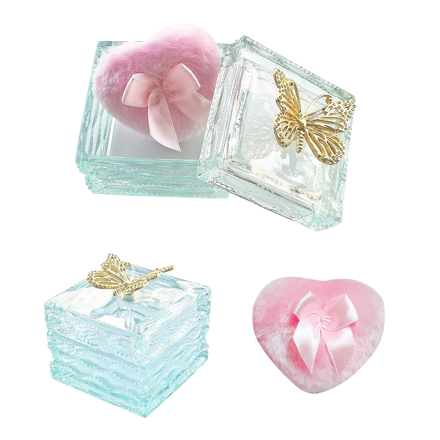 Body Powder Puff and Container - Glass Dusting Powder Container with Soft Puffs Vintage Powder Puff Case for Women & Girls (3.23x3.23x2.95 H IN) - GRB016-Light Green-GlimoraGlow