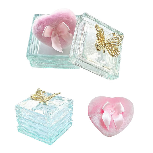 Body Powder Puff and Container - Glass Dusting Powder Container with Soft Puffs Vintage Powder Puff Case for Women & Girls (3.23x3.23x2.95 H IN) - GRB016-Light Green-GlimoraGlow