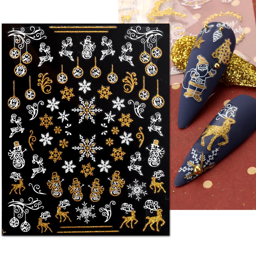 JMEOWIO 9 Sheets Christmas Nail Art Stickers Decals Self-Adhesive Pegatinas Uñas Bling Snowflake Snowman Holiday White Gold Nail Supplies Nail Art Design Decoration Accessories-GlimoraGlow