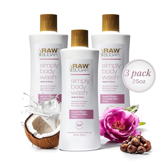 RAW SUGAR Simply Body Wash, Beach Rose + Coconut Milk + Shea (25 Fl Oz, Pack of 3) Sensitive Skin Bath Soap, Formulated without Sulfates & Parabens…-GlimoraGlow
