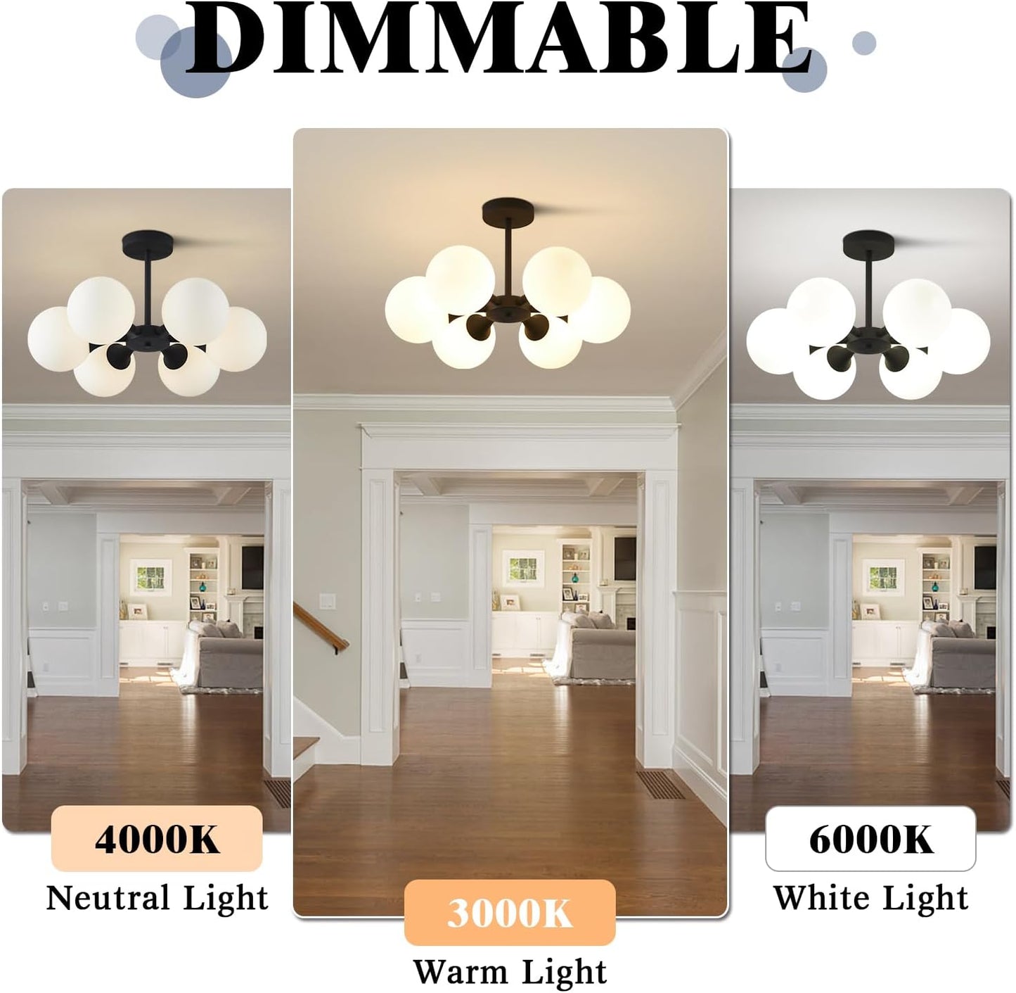 KCO Lighting 6 Lights Modern Semi Flush Mount Ceiling Light Fixture Glass Globe Sputnik Chandelier Ceiling Lighting Mid Century Black Close to Ceiling Light