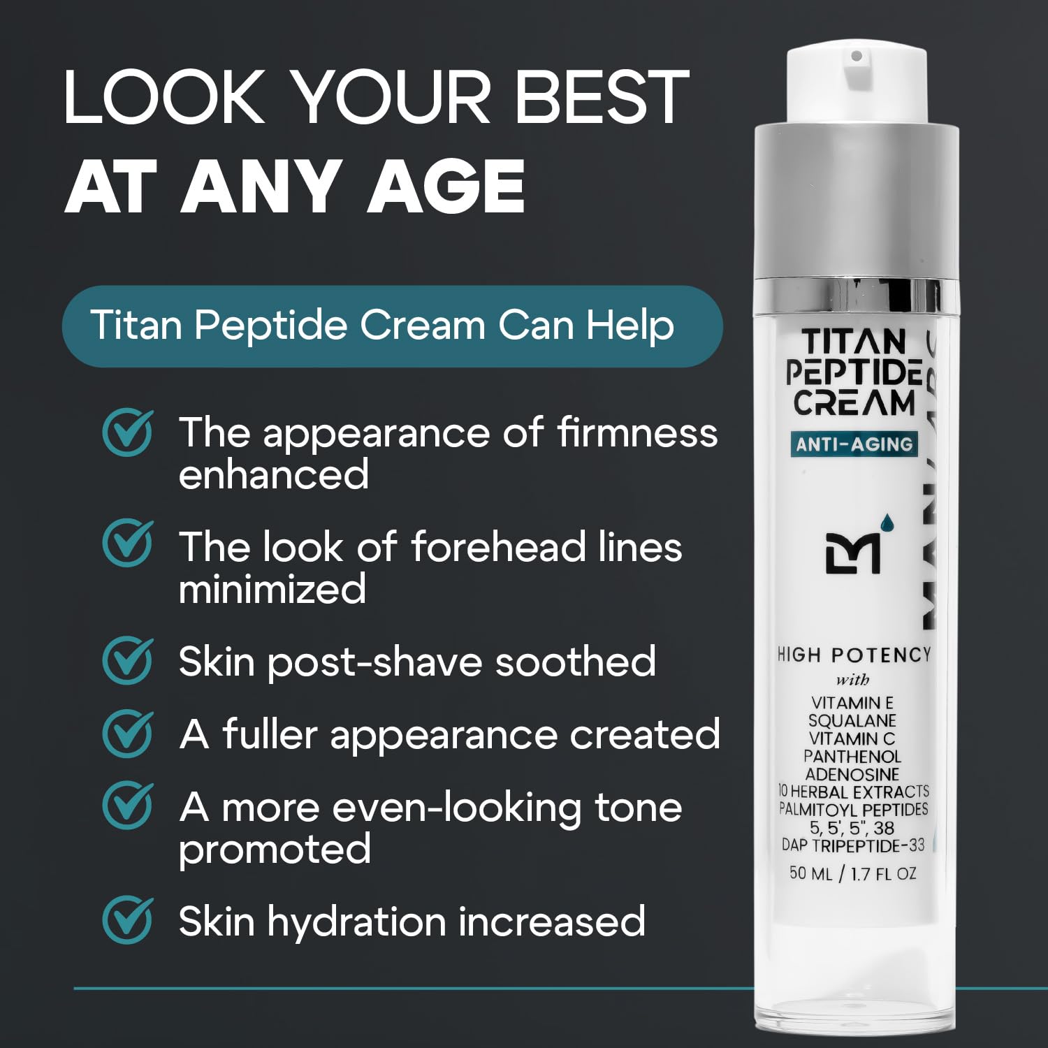 Titan Peptide Anti-Aging Mens Face Cream – Mens Face Moisturizer – For Men, Face Lotion – Men, Skin Care – Tighten, Firm, Revitalize – Peptides, Vitamin C & E, Squalane – All Skin – Unscented-GlimoraGlow