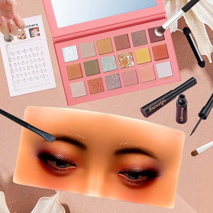 Mannequin Face for Makeup Practice, Makeup Practice Face Board with Makeup Brushes Rhinestones Sticker, Silicone Makeup Mannequin Face for Makeup Artist Supplies(Wheat colored)-GlimoraGlow