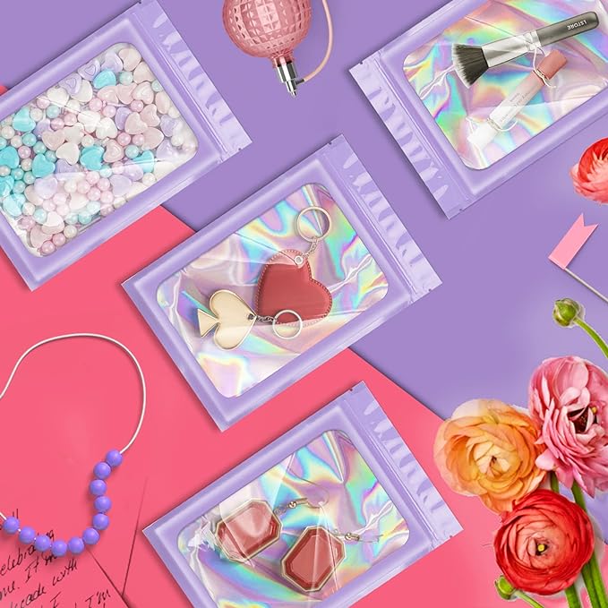 100 Pack Holographic Bags, Packaging Bags, Clear Window Resealable Odor Foil Pouch Bag for Food Storage and Lipgloss, Jewelry Lash (Purple, 4 x 6 Inch)-GlimoraGlow