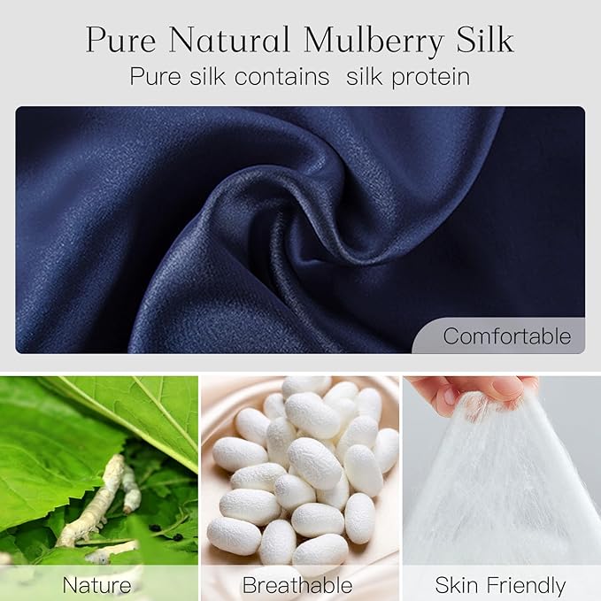 100% Natural Silk Eye Mask for Women Men, Soft Pressureless Cooling Blackout Eye Covers for Sleeping, Large Size Sleep Mask fits All Heads Adjustable, 1PC, Navy Blue-GlimoraGlow