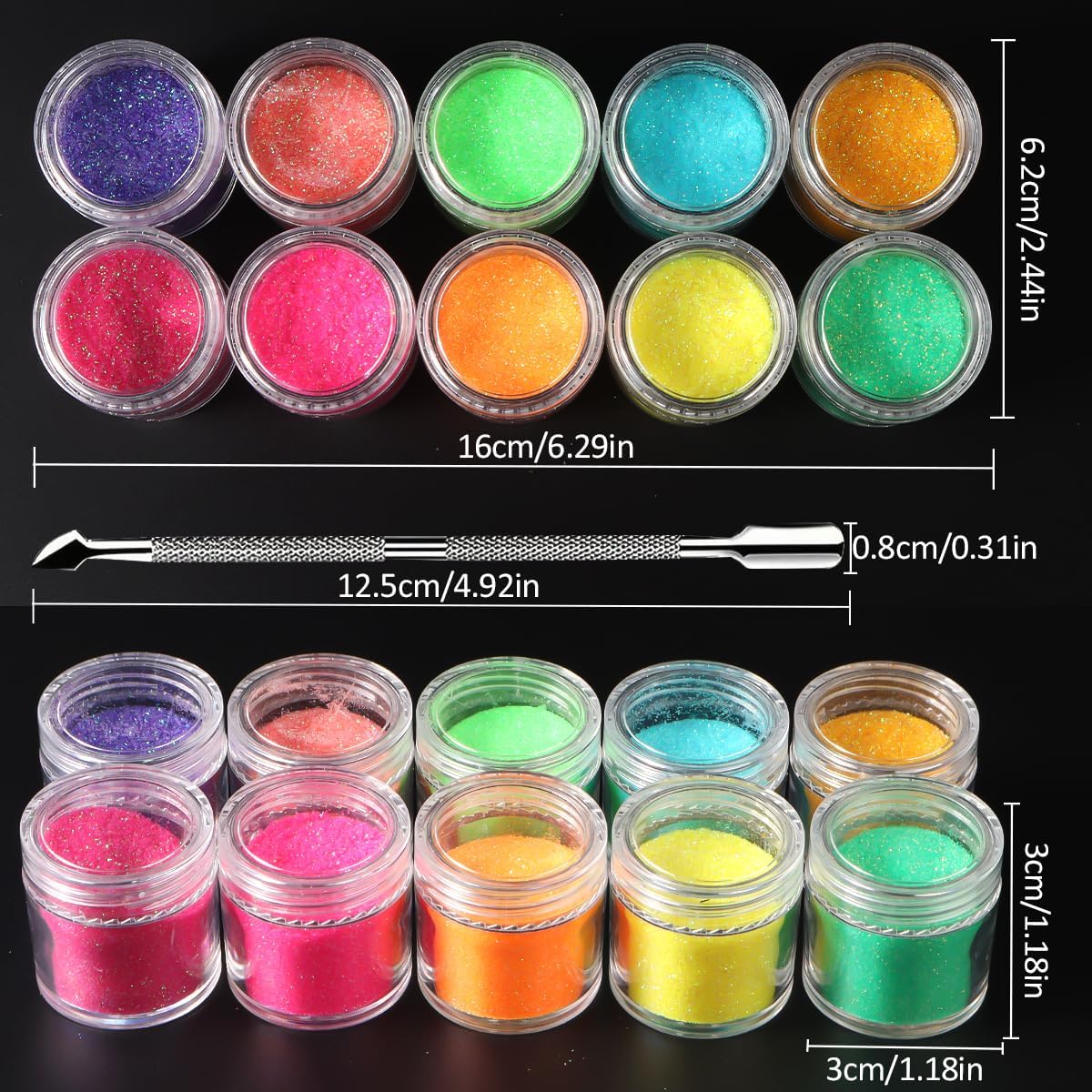 10 Bottle Shimmer Sugar Glitter Powder for Nails,Colorful Candy Coat Effect Iridescent Nail Dipping Powder Pigment, Fluorescent Chrome Dust and Stainless Steel Cuticle Pusher for DIY Manicure Decor-GlimoraGlow