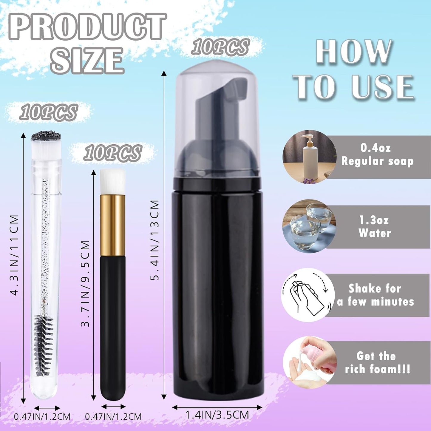 50PCS Lash Shampoo Bottles Brushes Set, Empty Lash Shampoo Bottle, Lash Cleaning Brush, Eyelash Extension Tube Brush, Instructions Cards, Aftercare Bags for Lash Business Clients (50pcs in black)-GlimoraGlow