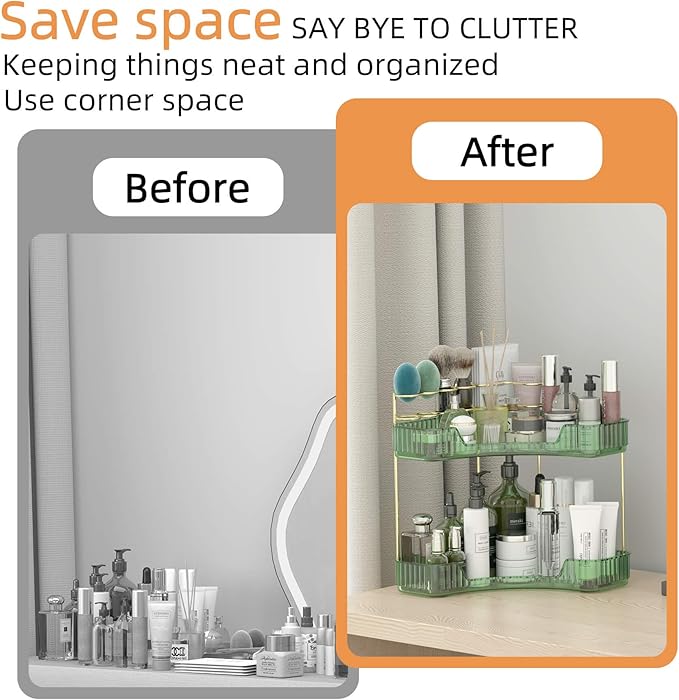 2 Tier Corner Bathroom Organizer Countertop, Vanity Makeup Organizer with Brush Holder, Space-Saving Skincare Storage Corner Shelf for Bathroom, Dressing Table, Kitchen-GlimoraGlow