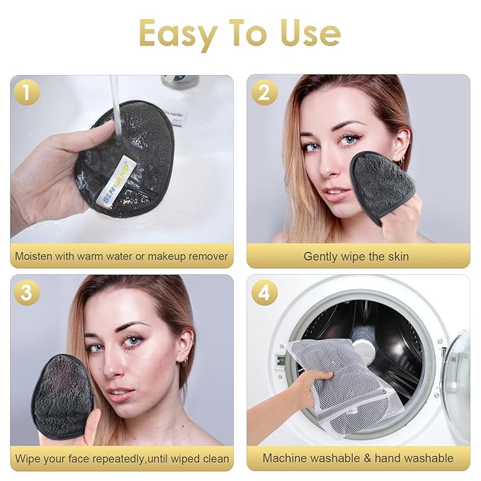 SINLAND Reusable Makeup Remover Pads For Face,Eye,Lips Microfiber Gentle Facial Cleansing Cloths for All Skin Types Friendly for Makeup Remover With Laundry Bag 5.1inchx3.93inch Grey Pack of 6-GlimoraGlow
