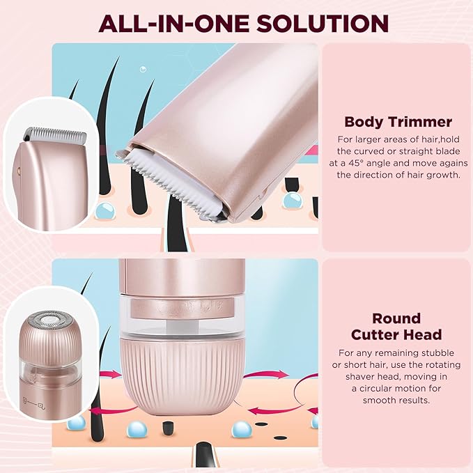 2 in 1 Women Electric Shaver, Dual Head Bikini Trimmer for Women IPX7 Waterproof Wet & Dry Use Electric Razors with Dual Heads Rechargeable Lady Trimmer for Bikini Underarm Leg Arm Body Face-GlimoraGlow