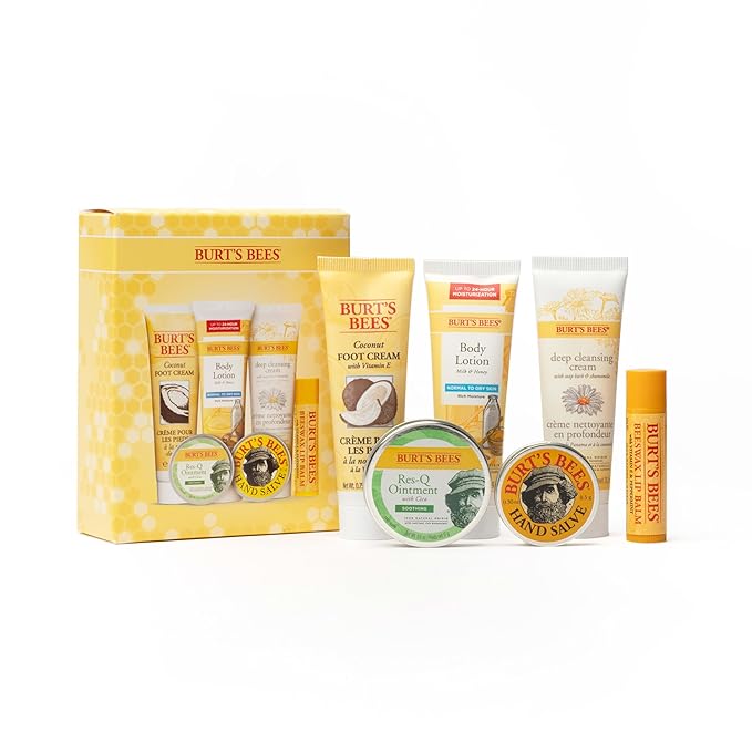 Burt's Bees Back to School Gifts Ideas, 6 College Dorm Products, Timeless Minis Set – Beeswax Lip Balm, Coconut Foot Cream, Milk & Honey Body Lotion, Deep Cleansing Cream, Res-Q Ointment & Hand Salve-GlimoraGlow