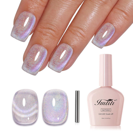 Imtiti Cat Eye Gel Nail Polish, Rainbow Holographic Magnetic Nail Gel Polish With Magnet Glittery Iridescent Galaxy Spring Summer Kit Soak Off UV Led 10ML-GlimoraGlow