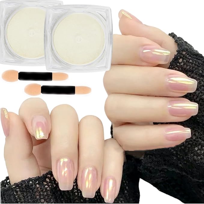 2 Pcs Aurora Chrome Powder for Nails White Iridescent Nail Powder,Mermaid Chrome Nail Pearl Powder Chameleon Chrome Nail Powder Manicure Pigment(2 Pcs Aurora)-GlimoraGlow