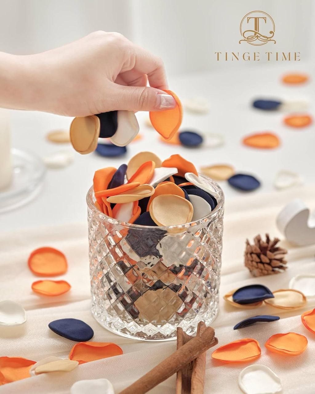 TINGE TIME 400pcs Silk Flower Petals for Wedding, Rose Petals for Decoration, Fake Flower Petals for Bridal Showers, Flower Girl Petals for Anniversaries and Parties (Burnt Orange & Navy Blue)