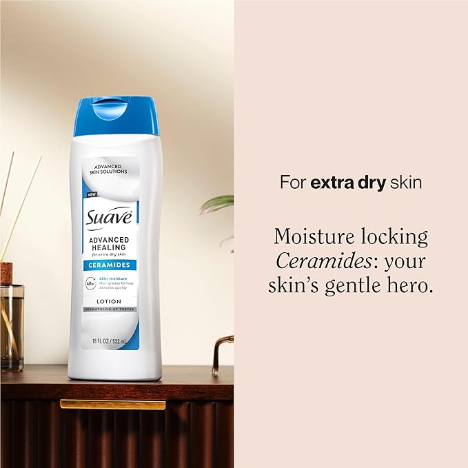 Suave+ Advanced Healing Hand & Body Lotion for Women With Ceramides for Very Dry Skin, Hydrating, Non-Greasy, Allergen-Free Moisturizing Cream, Lightly Scented, 18 FL OZ, 6 Pack-GlimoraGlow