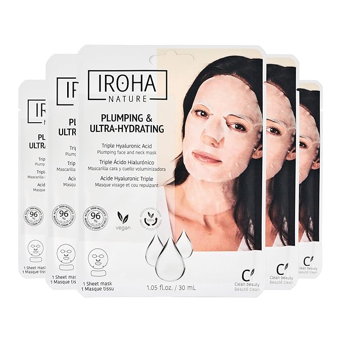 IROHA NATURE Replumping & Anti-Aging Tissue Face Mask (Pack of 5) | With Triple Hyaluronic Acid | Deep Hydration & Anti-Aging Effect | For Softer Skin | 100% Vegan-GlimoraGlow