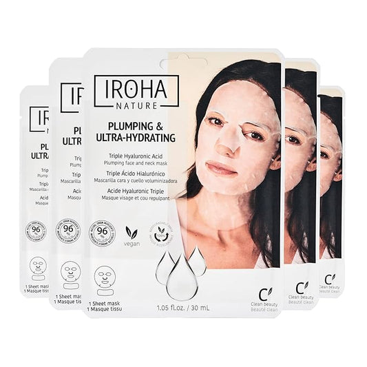 IROHA NATURE Replumping & Anti-Aging Tissue Face Mask (Pack of 5) | With Triple Hyaluronic Acid | Deep Hydration & Anti-Aging Effect | For Softer Skin | 100% Vegan-GlimoraGlow