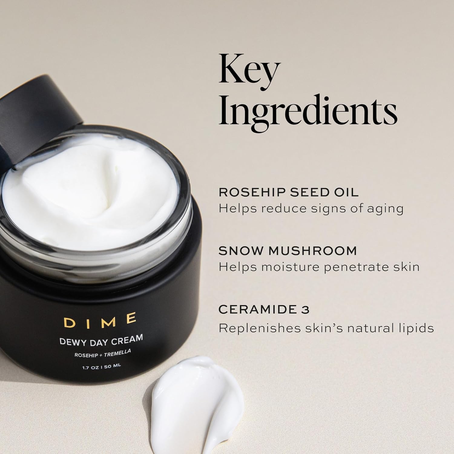 Dime Beauty Dewy Day Cream, Morning Face Moisturizer with Rosehip Oil and Tremella Snow Mushroom, 1.7 oz / 50 ml-GlimoraGlow