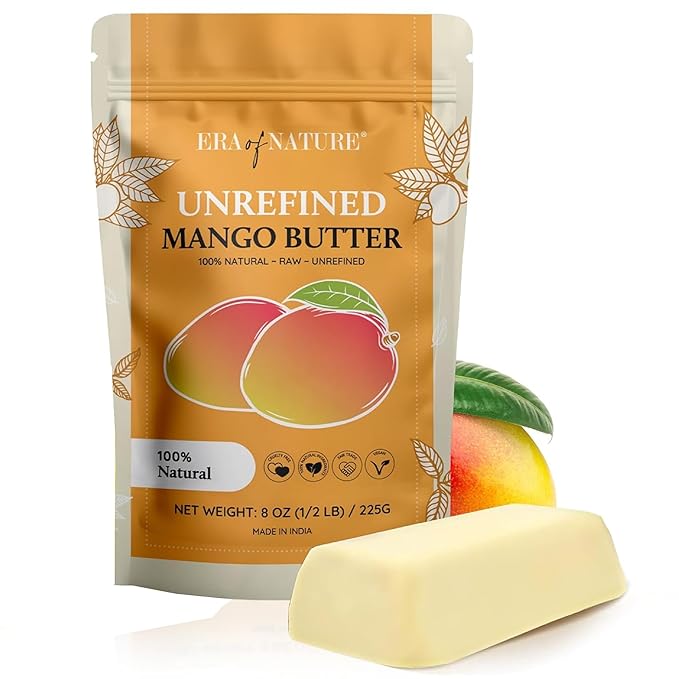 era of nature Organic Unrefined Raw Mango Body Butter Block 8oz - Moisturizing Mango Seed Raw Butter Bar for Skin & Hair, DIY Lip Balm Base, Cream, Soap & Lotion Making Supplies Kit, Personal Skincare-GlimoraGlow