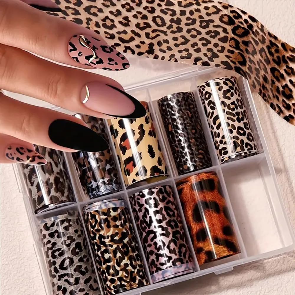 10 Rolls Leopard Print Nail Art Foils Transfer Stickers Animal Print Adhesive Decals Snake Cheetah Print Nail Foils Holographic Stickers Fall Nail Art Supplies for Women Autumn Nail Decorations-GlimoraGlow