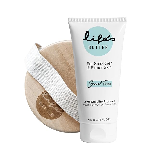 Life's Butter Anti-Cellulite Cream with L-Carnitine, Coenzyme Q10 | Skin Smoothening Natural Product | Fights Cellulite and Stretch Marks | 6 fl oz (Scent-Free) + Dry Brush-GlimoraGlow
