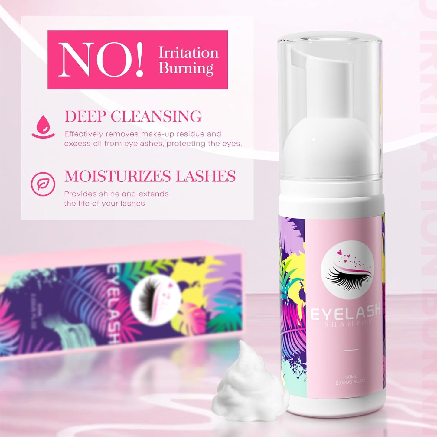 Lash Shampoo for Lash Extensions 60ml Eyelash Extension Cleanser Lash Shampoo Cleaning Kit with Shampoo Brush & Mascara Brush-No Irritating Foaming Eyelash Makeup Remover for Home Salon Use-GlimoraGlow