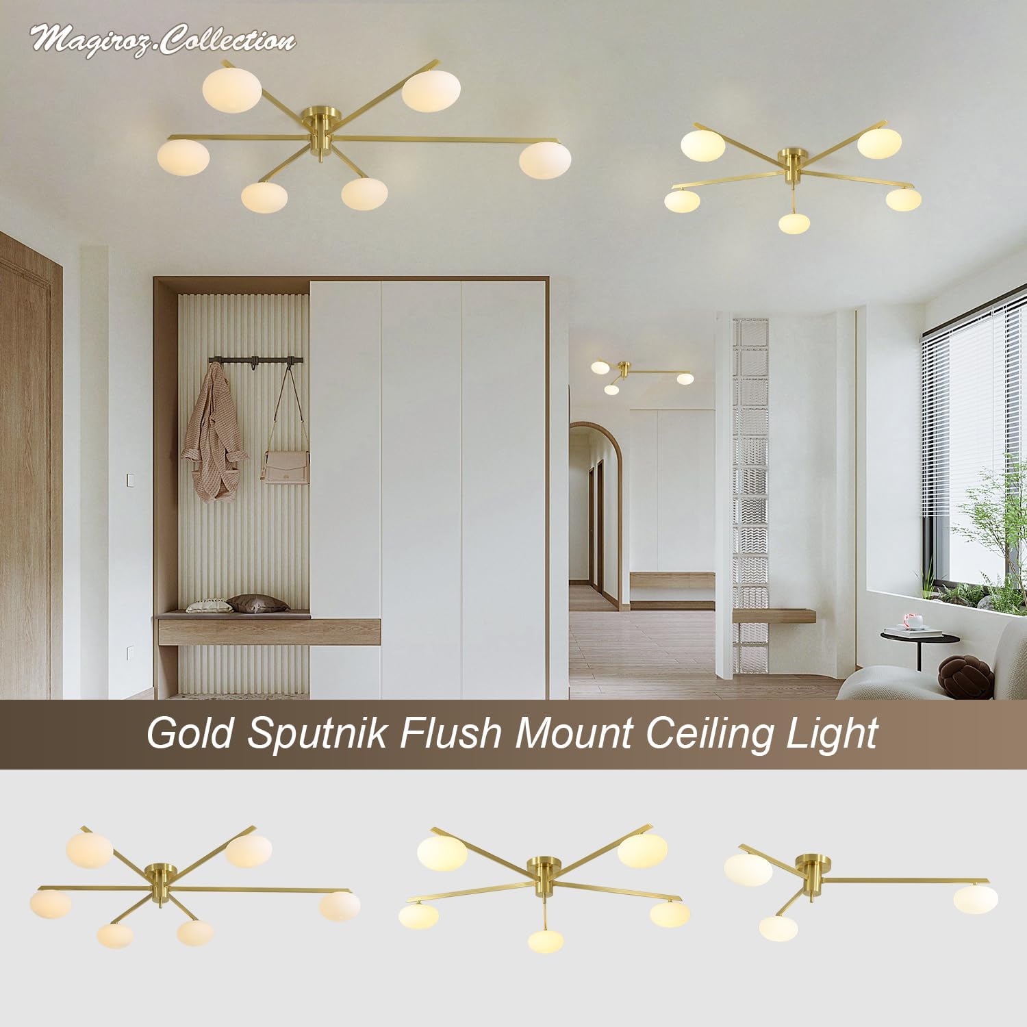 5 Lights Industrial Semi Flush Mount Ceiling Light Fixture Gold Modern Sputnik Chandelier Ceiling Light Fixtures Globe Sputnik Ceiling Lamp Glass Close to Ceiling Light Fixtures MCL05-GD
