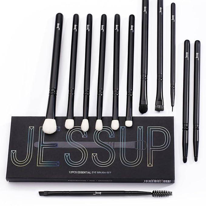 Jessup Eyeshadow Brush Set 12pcs Black Eye Makeup Brushes Set Professional with Natural Synthetic Hair for Eyebrow Eyelash Eyeliner Spoolie Blending, T322-GlimoraGlow