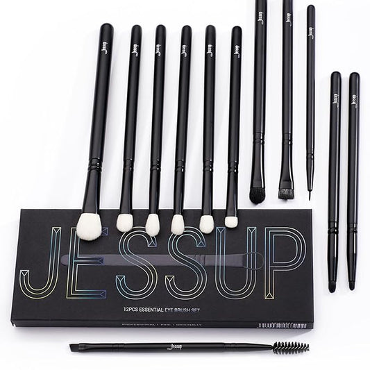Jessup Eyeshadow Brush Set 12pcs Black Eye Makeup Brushes Set Professional with Natural Synthetic Hair for Eyebrow Eyelash Eyeliner Spoolie Blending, T322-GlimoraGlow