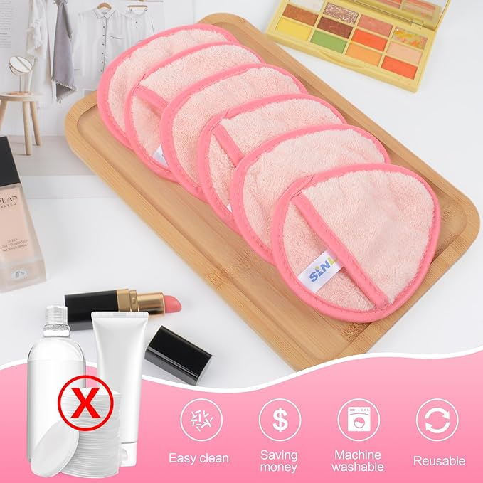 SINLAND Reusable Makeup Remover Pads For Face,Eye,Lips Microfiber Gentle Facial Cleansing Cloths for All Skin Types Friendly for Makeup Remover With Laundry Bag 5.1inchx3.93inch Pink Pack of 6-GlimoraGlow