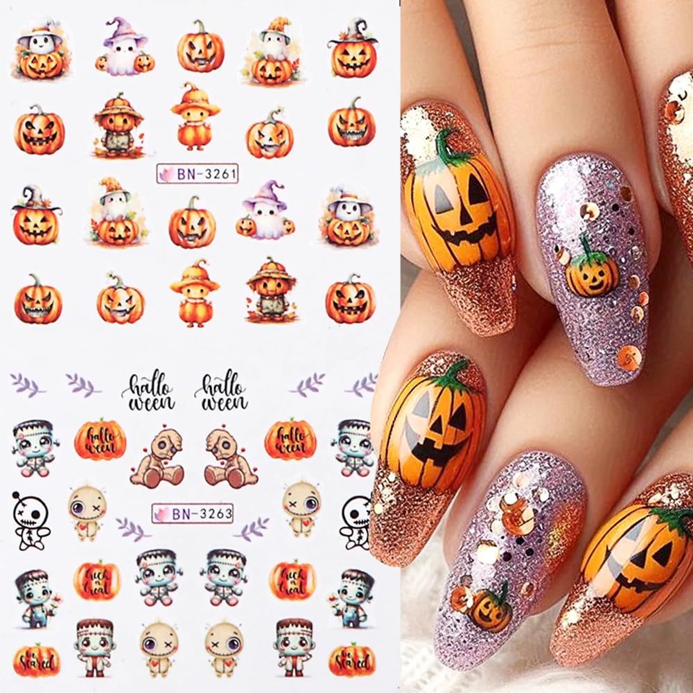 12 Sheets Halloween Nail Art Stickers Pink Pumpkin Water Transfer Nail Decals Cute Ghost Spider Skeleton Acrylic Nail Stickers for Women DIY Manicure Tips Halloween Nail Art Decorations Supplies-GlimoraGlow