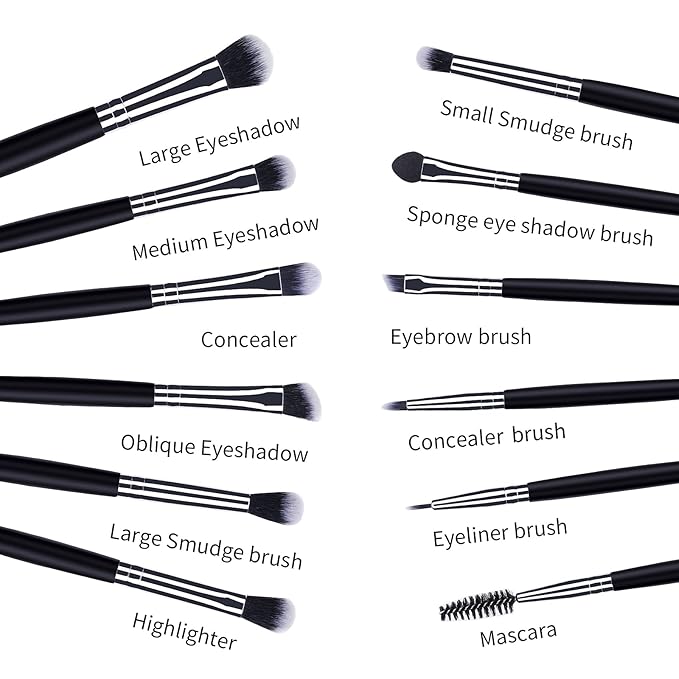 MSQ Eye Makeup Brushes 12pcs Eyeshadow Makeup Brushes Set with Soft Synthetic Hairs & Real Longer Wood Handle for Eyeshadow, Eyelash,Eyebrow, Eyeliner, Blending, Conclear(Black)-GlimoraGlow