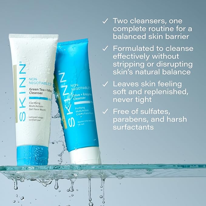 SKINN Day & Night Face Wash for Women & Men - Refreshing Green Tea & Mint Infusion, Nourishing Olive & Enzyme Formula - Complete AM/PM Cleanser Set for Hydrated-GlimoraGlow