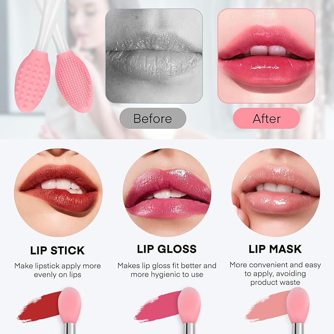 Unaone Lip Scrub Brush - 2 PCS Dual-ended Lip Scrubber Exfoliator and Silicone Lip Brush, 3-in-1 Silicone Lip Scrub Tool Lip Mask Applicator, Gentle Exfoliator & Applicator for Soft-GlimoraGlow