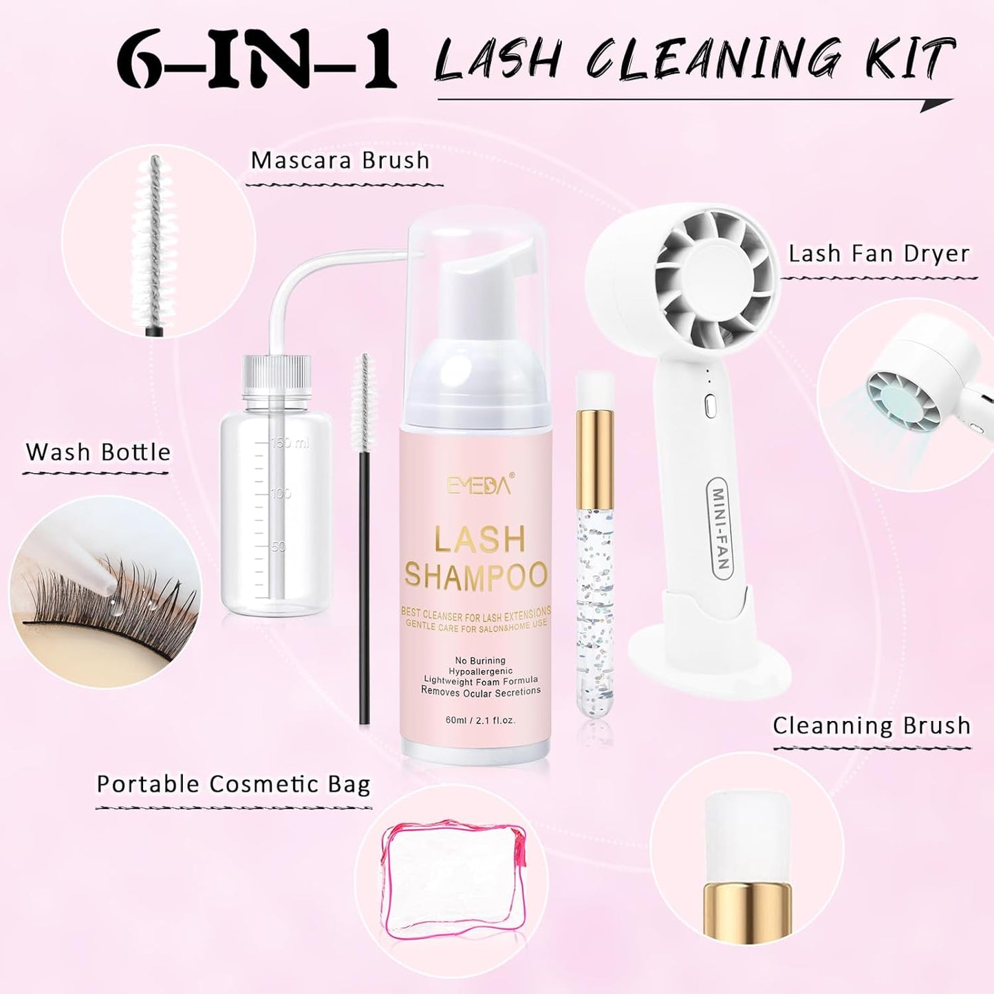 EMEDA Lash Shampoo Kit 2.02 fl oz Lash Cleaning Kit with Rechargeable Fan Dryer/Brush/Rinse Bottle, Oil-free Cleanser Wash for Extensions & Clusters & Natural Lashes, Cleaner for Eyelash Care(White)-GlimoraGlow