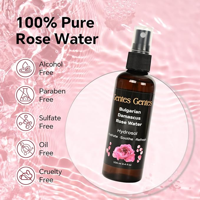100% Pure Bulgarian Damascus Rose Water Hydrosol – Luxury Facial Toner for Hydration & Radiant Skin, Body Mist & Pillow Spray | Natural Skincare | 3.4 fl oz-GlimoraGlow