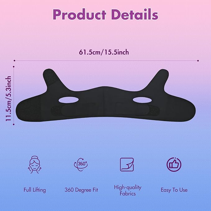 2 Pack Face Slimming Strap, Double Chin Reducer Band, Graphene V-Line Mask Chin Up Mask V Shaped Face Mask Chin strap for sleeping, V-Line Lifting Mask for Women, Medium, Black and Pink-GlimoraGlow