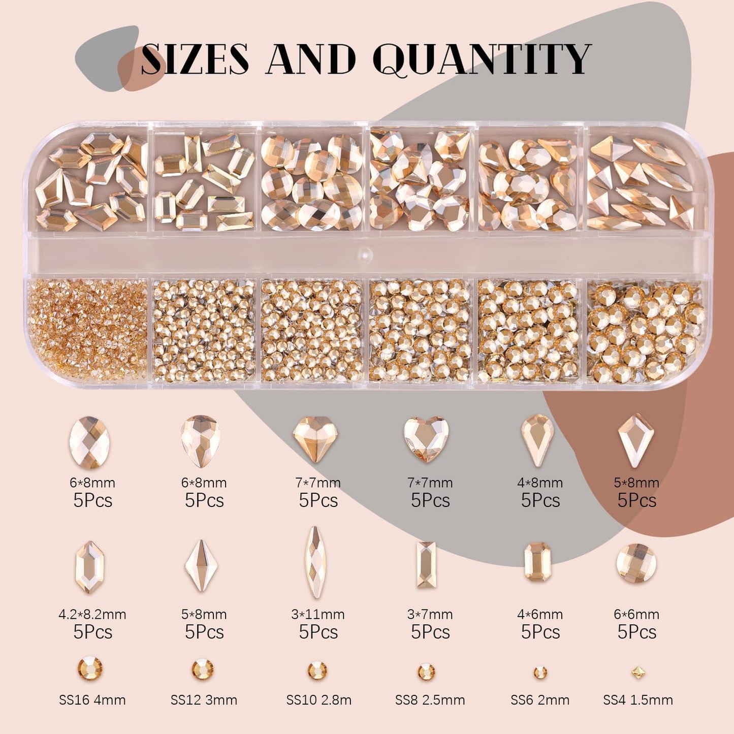 2060Pcs Champagne Gold Glass Nail Rhinestones 60Pcs Multi Shapes Flatback Nail Gems +2000Pcs 1.5-4mm Round Crystal with Rhinestones Glue Gel, Manicure Nail Charms Diamond Gemstones for Nail Art-GlimoraGlow