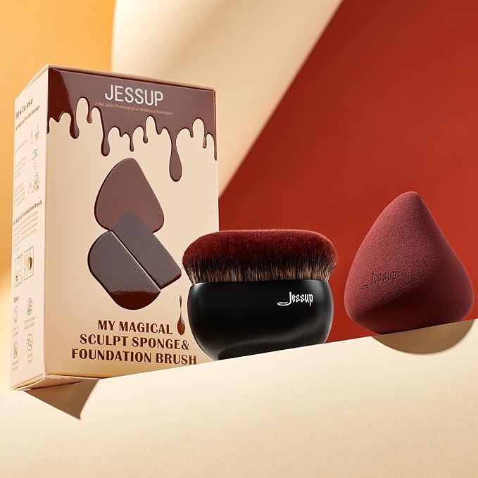 Jessup Foundation Brush with Makeup Sponge, Black Makeup Brush Flat Top Kabuki Brush for Liquid Blending Stippling, T881-GlimoraGlow