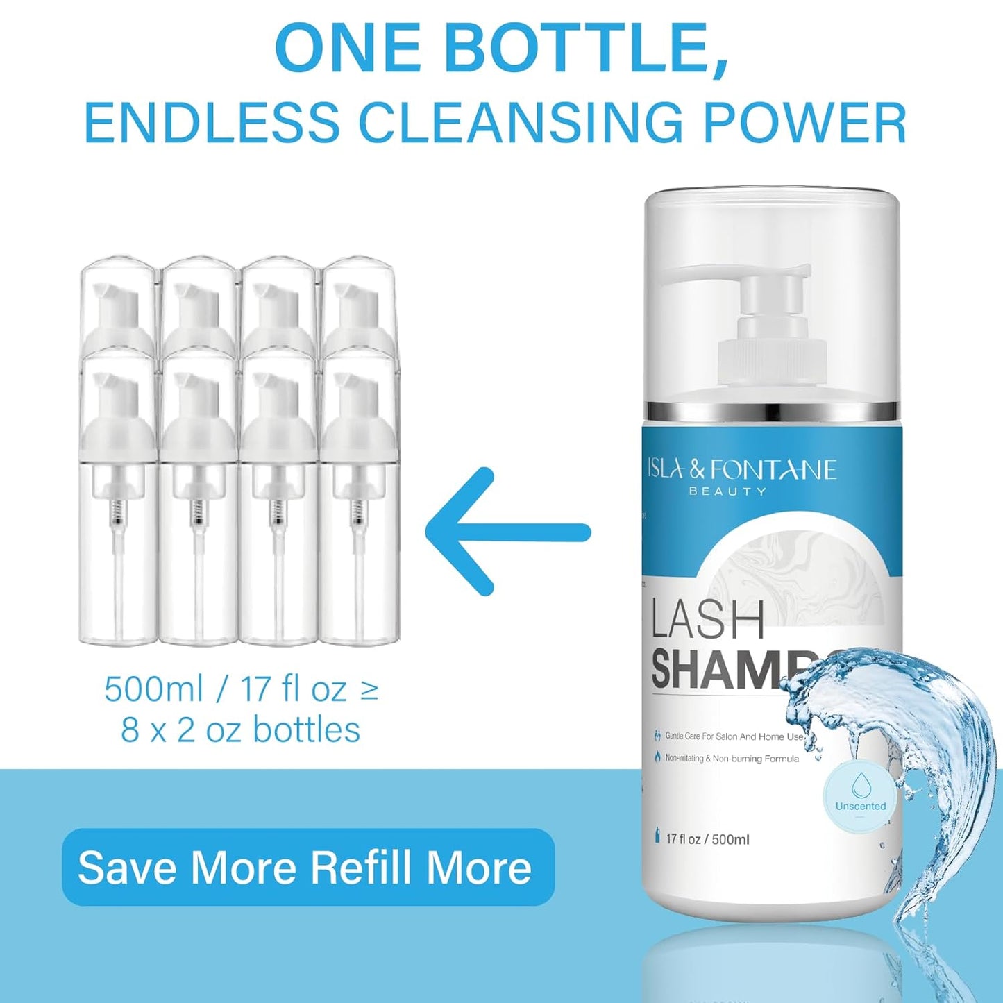 Isla & Fontane Lash Shampoo Bulk – Multi-Scent Series – 17 fl oz / 500ml | Gentle Eyelash Cleanser for Lash Extensions | Non-Irritating | Professional Lash Bath Foam For Salon And Home Use (Unscented)-GlimoraGlow