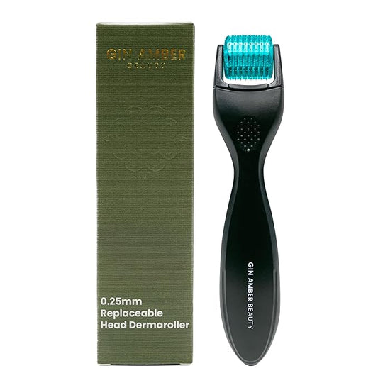 Gin Amber Beauty Derma Roller with Replaceable Head Design – 192 Real individual needles, Micro Needling Roller for Face, Beard, and Scalp Care, 0.25mm Face Roller-GlimoraGlow
