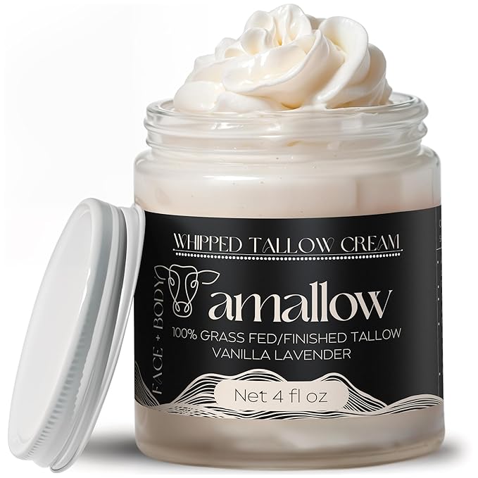 Amallow 100% Grass Fed Beef Tallow for Skin Care - Face + Body - Whipped Moisturizer - Natural Lotion, 4 FL. oz. (Vanilla Lavender)-GlimoraGlow