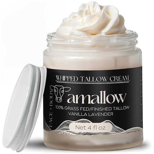 Amallow 100% Grass Fed Beef Tallow for Skin Care - Face + Body - Whipped Moisturizer - Natural Lotion, 4 FL. oz. (Vanilla Lavender)-GlimoraGlow