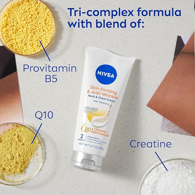 NIVEA Skin Firming & Anti Wrinkle Neck & Chest Cream with Coenzyme Q10, Creatine and Provitamin B5, Skin Firming Cream Reduces the Look of Fine Lines and Wrinkles, 6.7 Oz Tube-GlimoraGlow